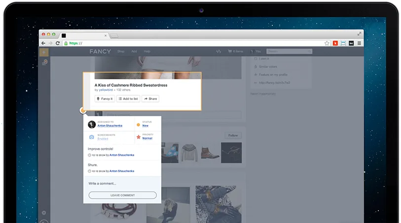 Laptop showing a web page with a bug-report comment panel overlay.