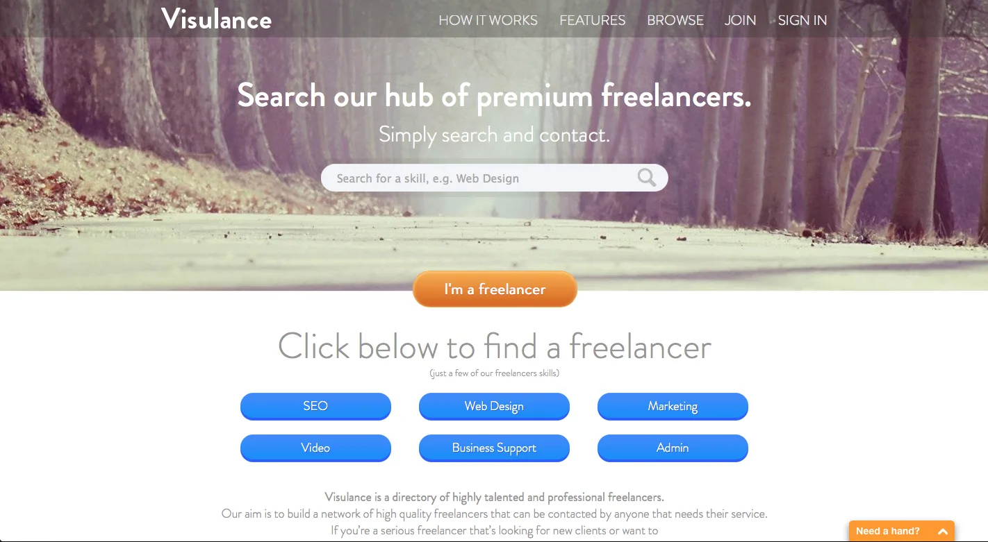 Homepage 'Search our hub of premium freelancers.' with category buttons.