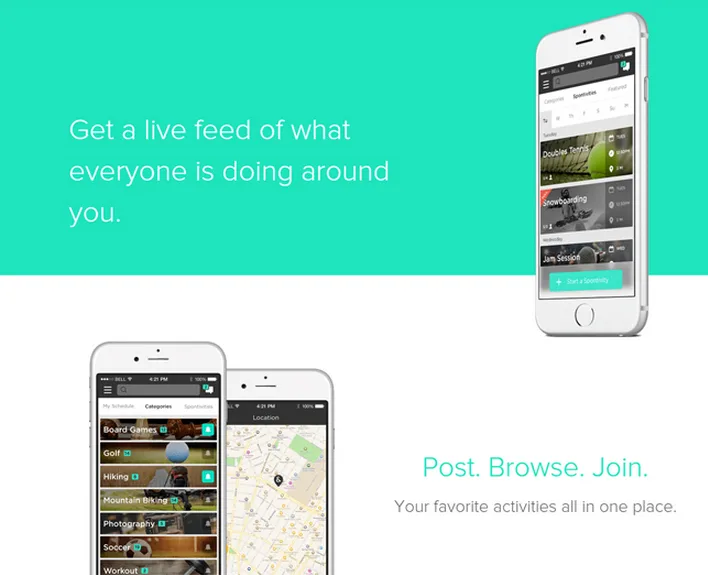 Landing page 'Get a live feed of what everyone is doing around you' with phone mockups.