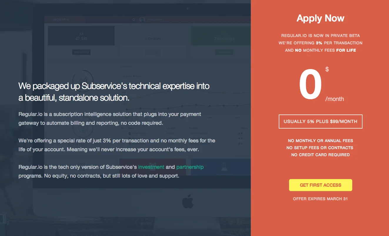 Landing page split into a dark text panel and an orange 'Apply Now' pricing panel showing 0 per month.