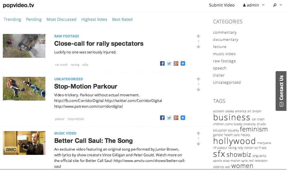 Video sharing site listing posts with thumbnails, voting arrows, categories and a tag cloud.