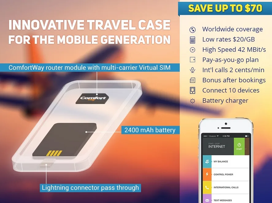 Promo banner 'Innovative travel case for the mobile generation' with a phone case render and a feature list.
