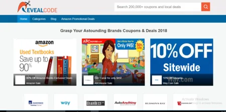 Coupon site homepage 'Grasp Your Astounding Brands Coupons & Deals 2018' with deal banners.