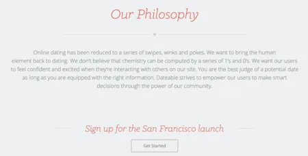 Text section 'Our Philosophy' about online dating with 'Sign up for the San Francisco launch'.