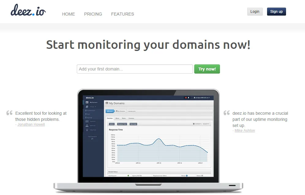 Deez.io page 'Start monitoring your domains now!' with a laptop showing a dashboard.