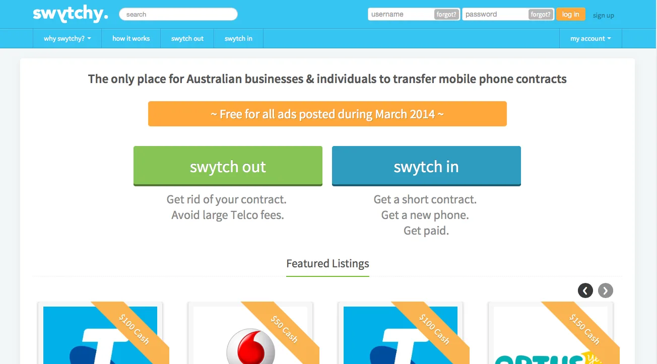 Homepage for transferring mobile phone contracts with 'swytch out' and 'swytch in' buttons.