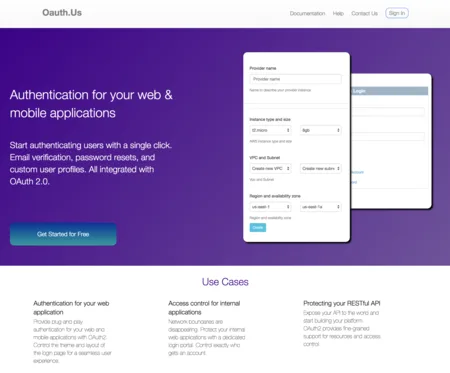 Purple landing page headlined "Authentication for your web & mobile applications" with a form preview and use cases.