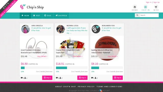 Chip'n Ship wish list with three product cards showing prices, amounts chipped in and progress bars.
