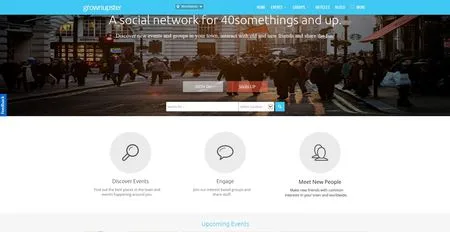 Landing page with a city street crowd photo, search bar and three icons, headed "A social network for 40somethings and up.".