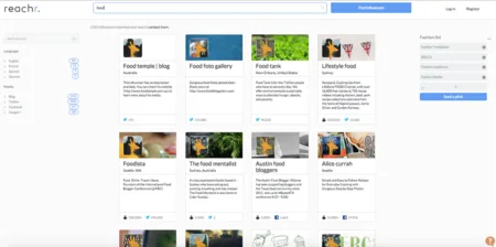 Web app search results for 'food' showing a grid of blog profile cards with filter sidebars.