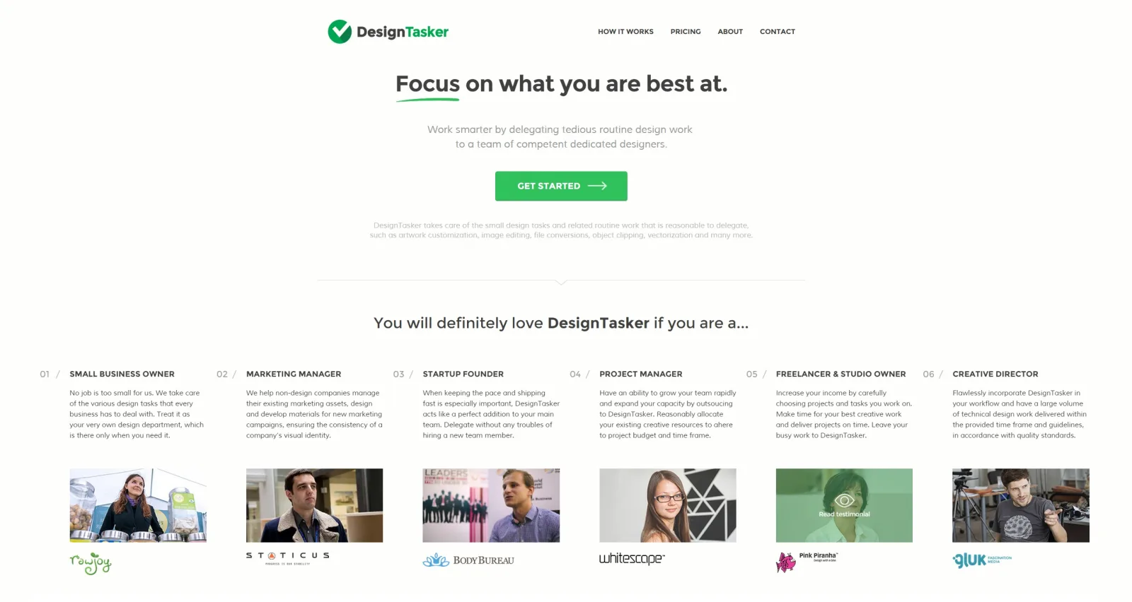 DesignTasker page 'Focus on what you are best at.' with a row of photos of people.