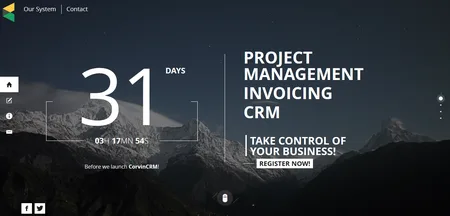 Dark prelaunch countdown '31 days' with 'Project management, invoicing, CRM'.