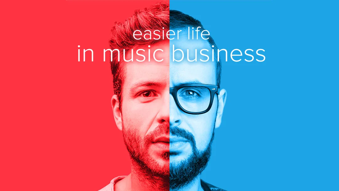 Split red and blue portrait of a man in glasses with 'easier life in music business'.