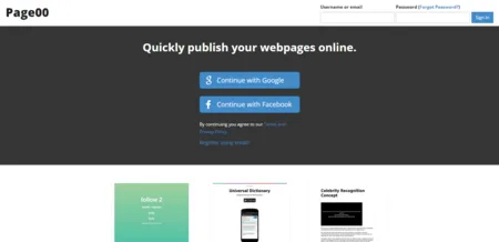 Dark landing page headlined "Quickly publish your webpages online." with Google and Facebook sign-in buttons.