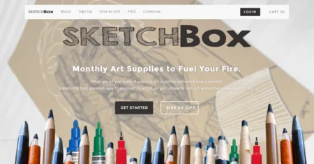 Homepage 'SketchBox Monthly Art Supplies to Fuel Your Fire' with rows of colored pencils.