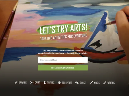 Landing page headlined "LET'S TRY ARTS!" over a painting photo, with an email form and art category links.