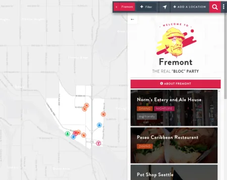 City guide web app with a Seattle map of pins beside a Fremont neighborhood panel and restaurant list.