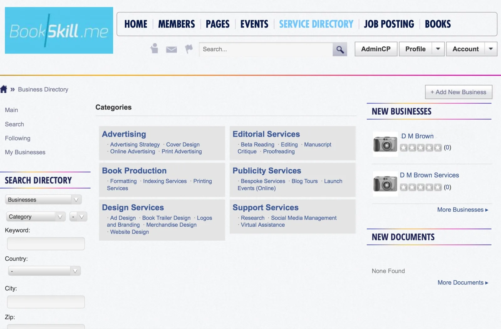 BookSkill.me business directory page with category lists and a left search panel.