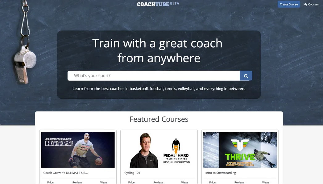 CoachTube hero 'Train with a great coach from anywhere' with a sport search box and featured course thumbnails.