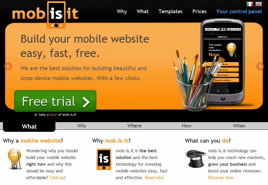 Orange landing page headlined "Build your mobile website easy, fast, free." with a Free trial button.