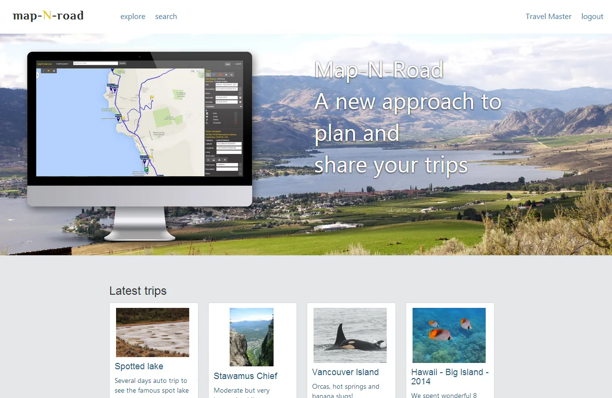 Landing page with an iMac showing a route map, headlined "A new approach to plan and share your trips", and trip photos.