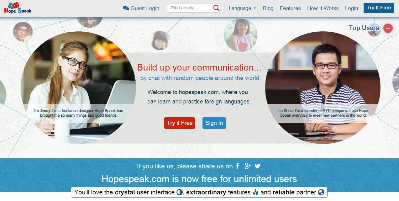 Language exchange landing page with circular photos of a woman and a man and sign-up buttons.