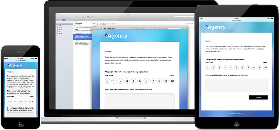 Phone, iMac and tablet showing a survey editor.