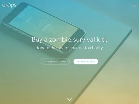 Teal drops page 'Buy a zombie survival kit, donate the spare change to charity.'.