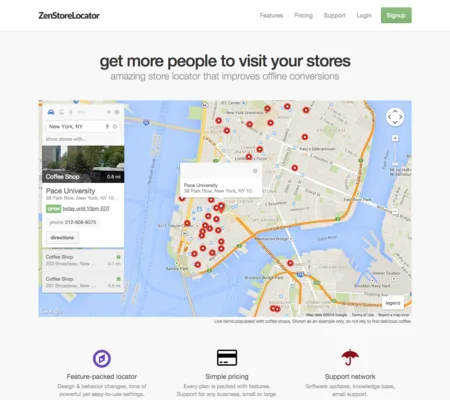Homepage 'get more people to visit your stores' with a store locator map.