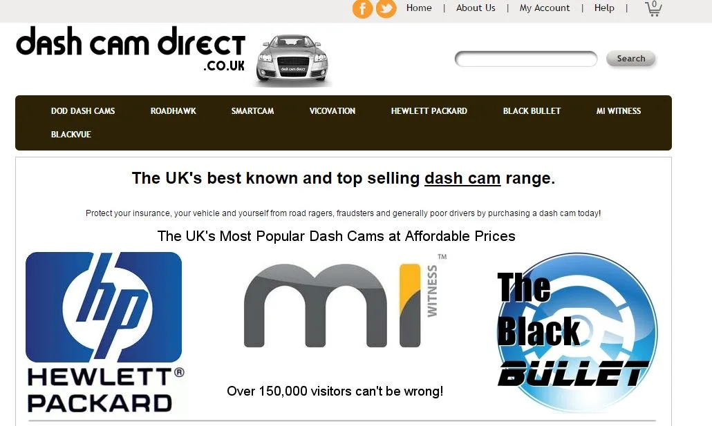 Dash cam direct shop homepage with Hewlett Packard, Mio and Black Bullet brand logos.