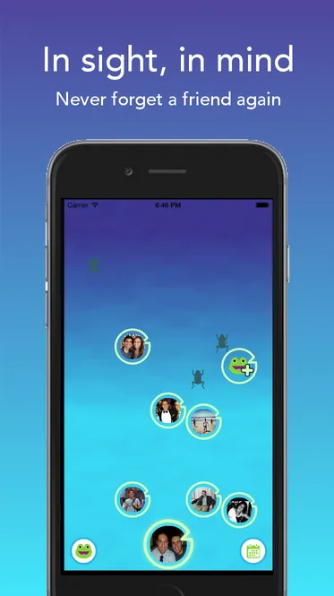 Phone showing friend avatars floating on a blue screen, headline 'In sight, in mind'.