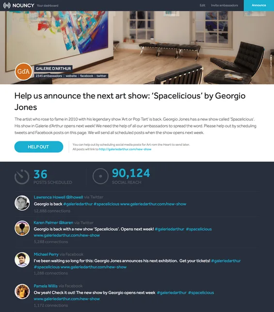 Announcement page for an art show with a gallery image, counters and a list of tweets.