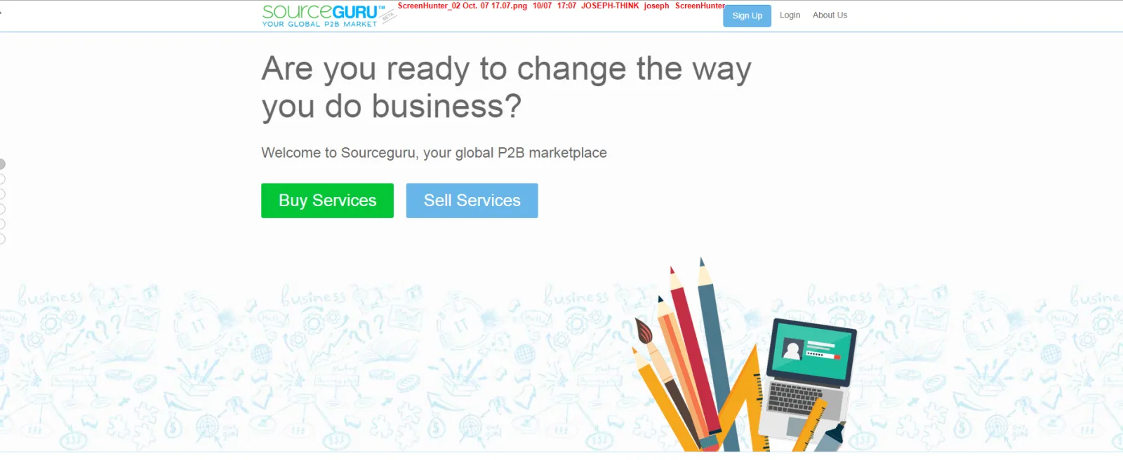 Homepage 'Are you ready to change the way you do business?' with a pencils illustration.