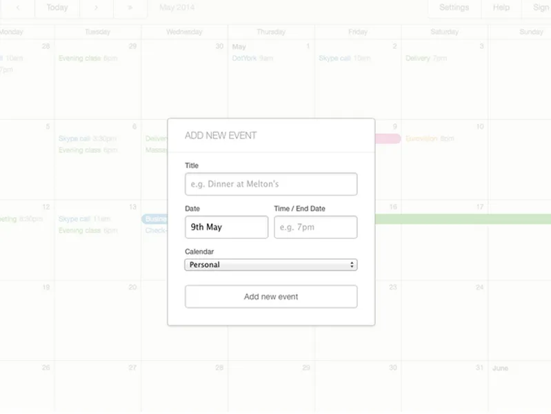 Calendar week view with an 'Add new event' form dialog.