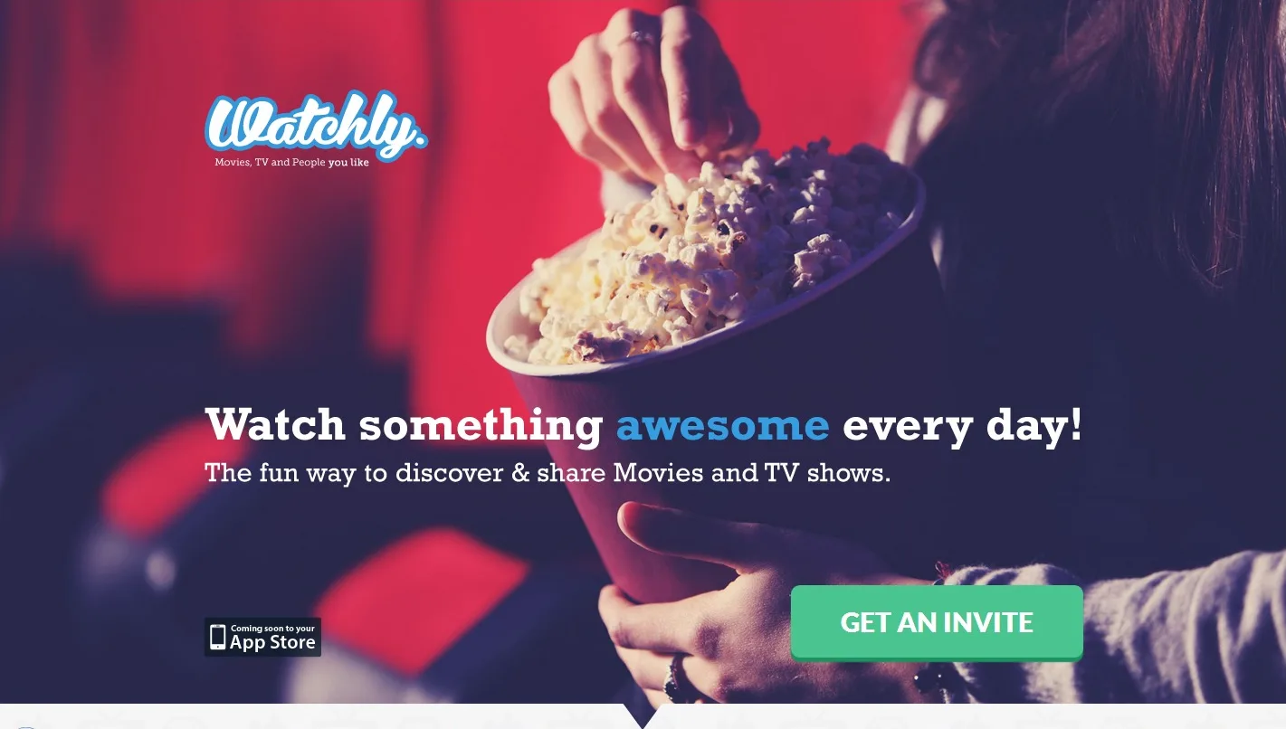 Homepage 'Watch something awesome every day!' with hands holding a popcorn bucket.