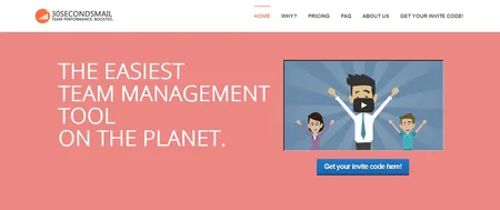 Salmon hero with the headline 'The easiest team management tool on the planet' and a cartoon team illustration.