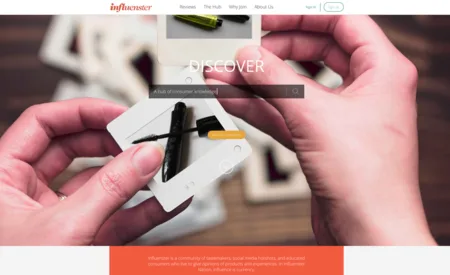 Landing page with hands holding a small product under a search box labelled "Discover".