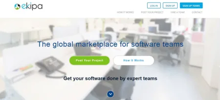 Ekipa hero 'The global marketplace for software teams' over an empty office photo.