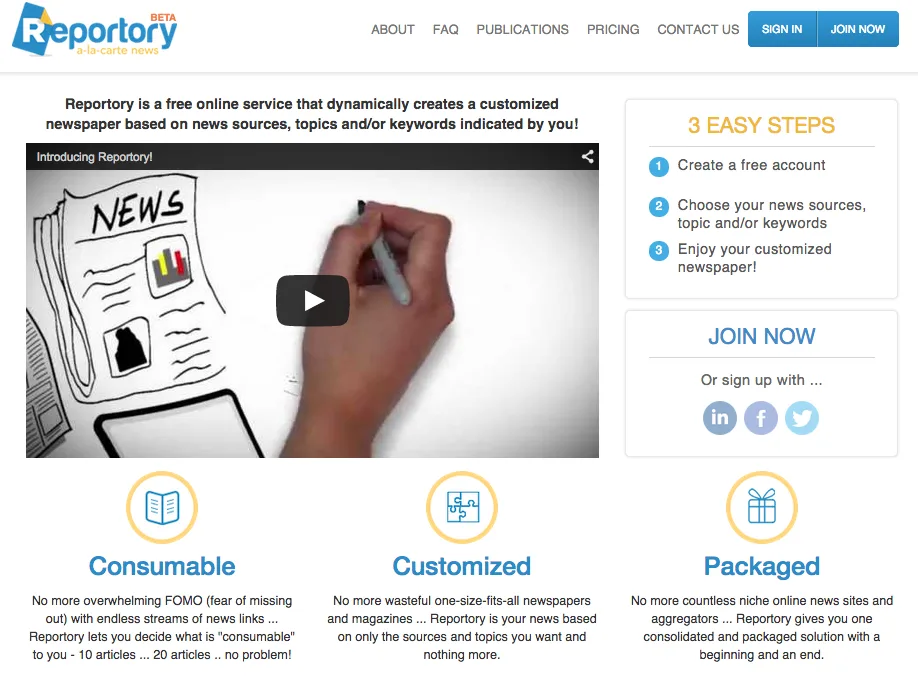 Reportory homepage with an explainer video still, '3 easy steps' signup and three feature icons.