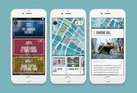 Three iPhones showing walking tour screens with a map and 'Charging Bull'.
