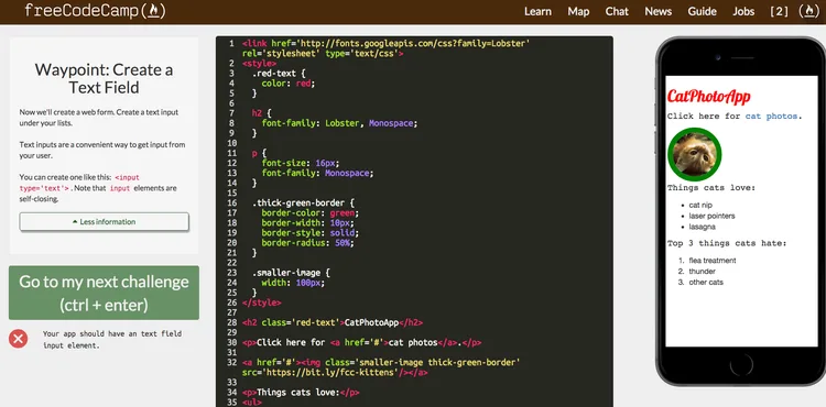 Free Code Camp lesson 'Waypoint: Create a Text Field' with a code editor and phone preview.