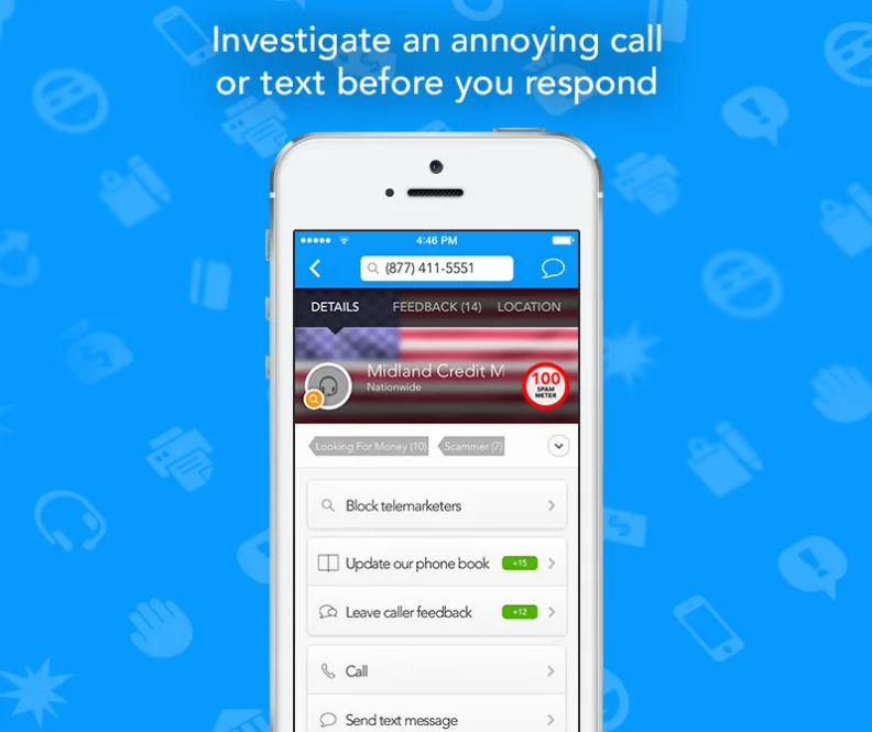 Blue panel 'Investigate an annoying call or text before you respond' above an iPhone showing caller details.
