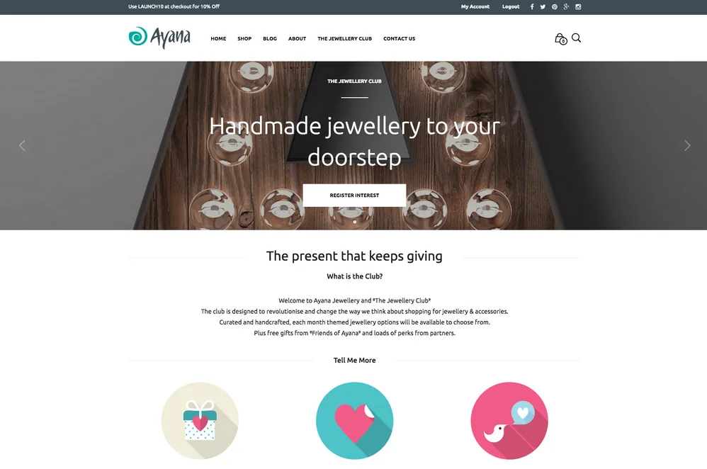 Ayana jewellery homepage 'Handmade jewellery to your doorstep' with a marquee letter hero and three icons.