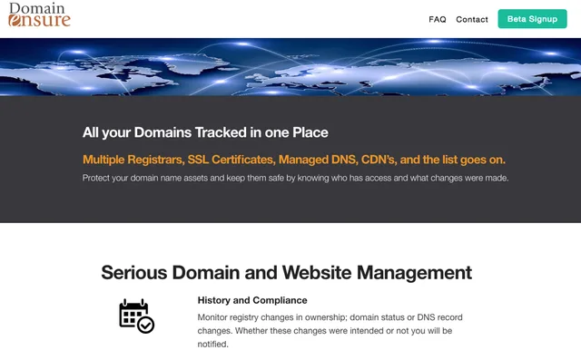 Domain Ensure page 'All your Domains Tracked in One Place' with 'Serious Domain and Website Management'.
