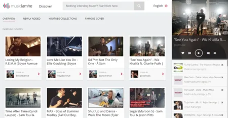 Music cover video site with a grid of video thumbnails and a video player sidebar.