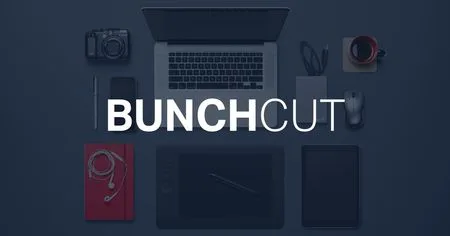 'BUNCHCUT' wordmark over a dark desk flat lay with a laptop and camera.