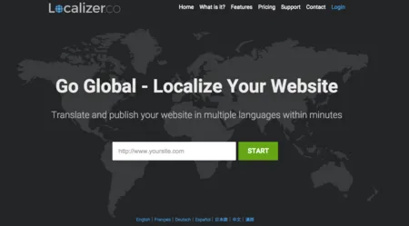 Dark landing page with a world map, headlined "Go Global - Localize Your Website", and a URL field.