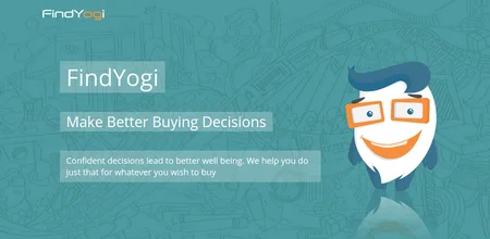 Teal FindYogi banner 'Make Better Buying Decisions' with a cartoon man in glasses.