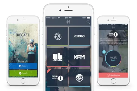 Three iPhones showing a radio streaming app with a station grid and a now-playing screen.