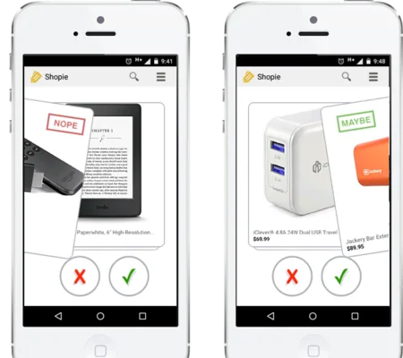 Two phones showing product cards marked 'Nope' and 'Maybe' with reject and accept buttons.